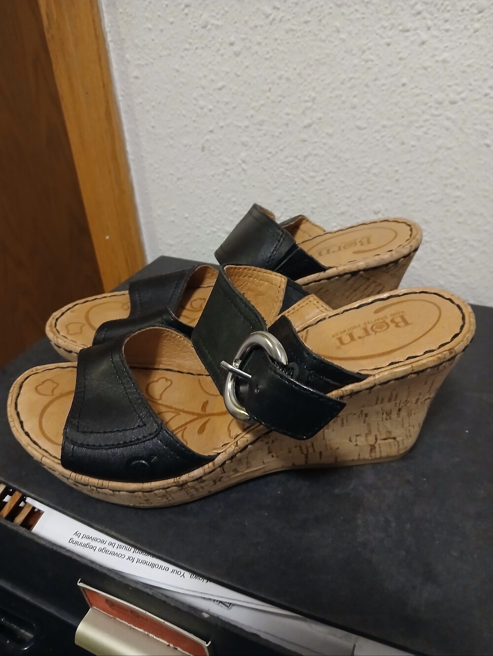Børn Black Leather Cork Wedge Sandals Women's Size 6 / EU 36.5 Slide Heels
